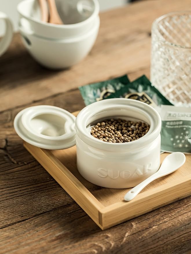 Gomakren Sugar Bowl with Lid and Spoon, Sugar Container Sugar Dish 10oz, Ceramic Sugar Jar for Coffee Bar, Kitchen, Countertop - Modern Farmhouse Kitchen Christmas Decor, White