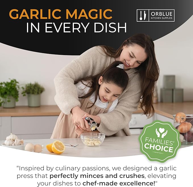ORBLUE Garlic Press Stainless Steel - Premium Professional Grade Garlic Mincer, Crusher & Peeler Set - Easy Clean, Dishwasher Safe & Rust-proof, Multi-colored