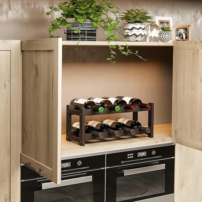 BAMEOS Bamboo Wine Rack, 2 Tier Wine Racks Countertop Storage, Wine Bottle Holder Wine Rack freestanding Floor for Kitchen, Bar, Pantry, Wine Cellar, Basement,Study, (16.85 L x 9.25W x 7H) Espresso