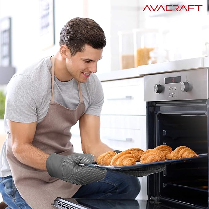 AVACRAFT Oven Mitts Pair, Flexible, 100% Cotton with Unique Heat Resistant Food Grade Silicone, Thick Terry Cloth Interior, 500 F Heat Resistant (Grey Oven Mitts)