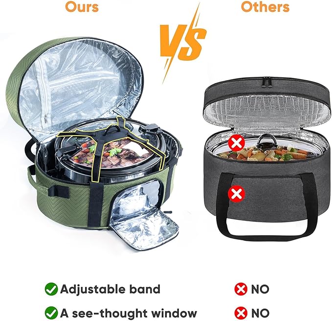 Insulated Slow Cooker Carrying Bag for 6-8 Quart CrockPot and Hamilton Beach Slow Cooker with See-thought Window, Portable Carrier Case with Adjustable Band and Accessory Pocket