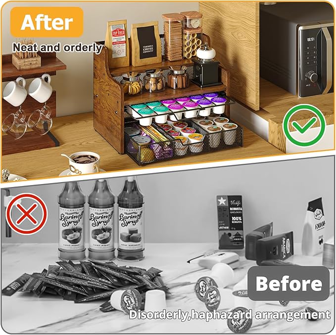 Coffee Pod Holder with Drawer & Dividers, 4-Tier Wood K Cup Organizer for Countertop, Coffee Bar Organizer Storage Box, Coffee Station Organizer for Kitchen Coffee Station