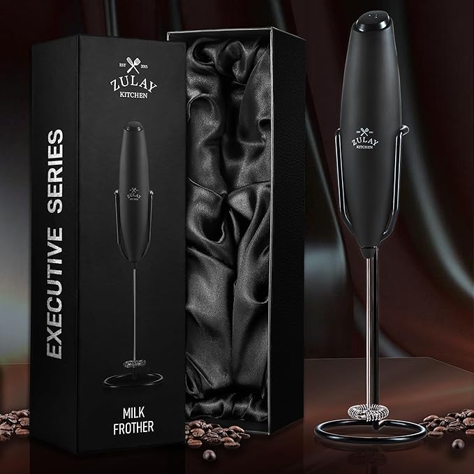 Zulay Kitchen Executive Series Milk Frother Wand - Upgraded & Improved Stand - Ideal Coffee Gift - Coffee Frother Handheld Foam Maker For Lattes - Electric Milk Frother Handheld For Cappuccino