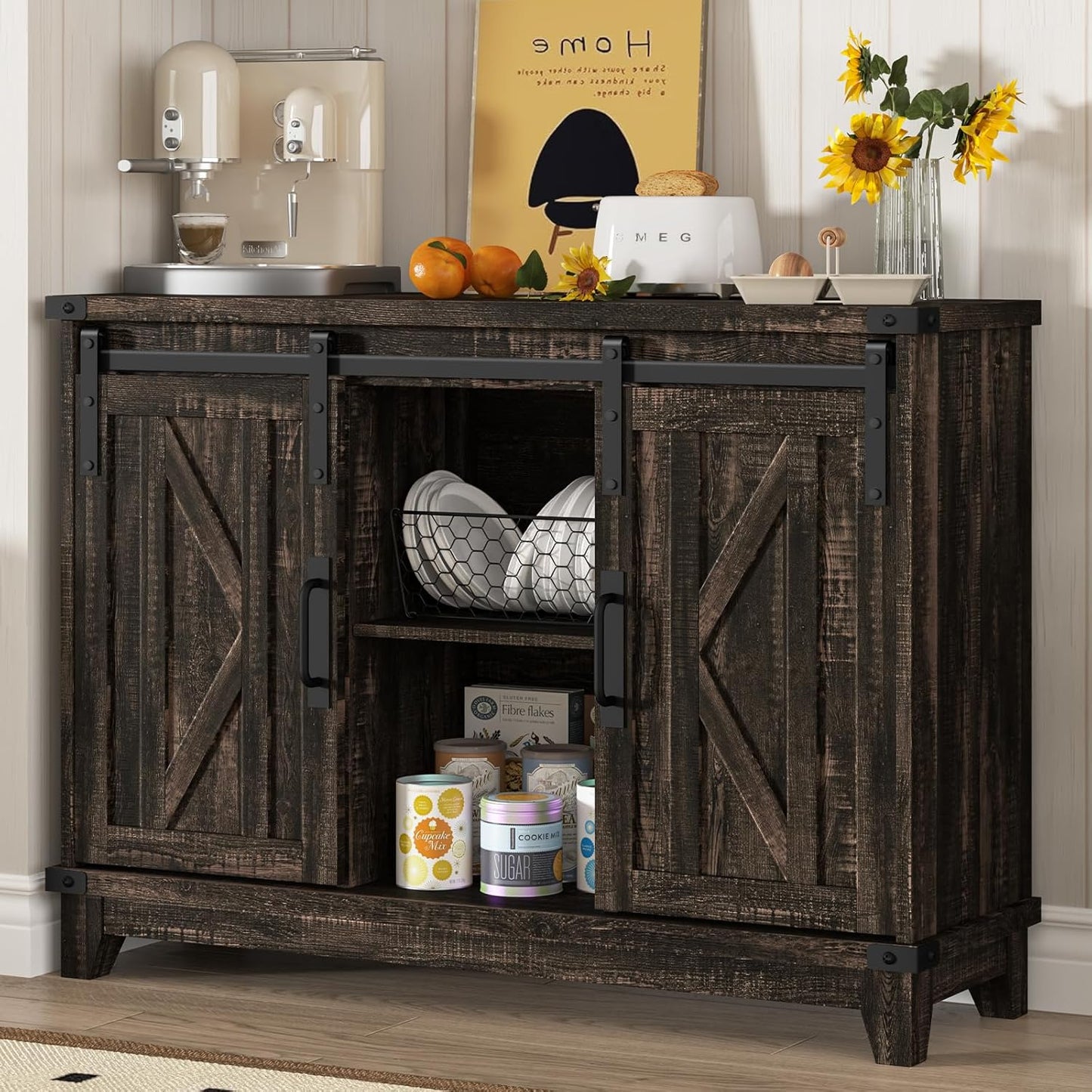 Cube Storage Organizer, Sliding Doors Coffee Bar Cabinet with Storage Farmhouse Sideboard Buffet Cabinet with Adjustable Shelves Coffee Bar for Kitchen Home Office Dining Room