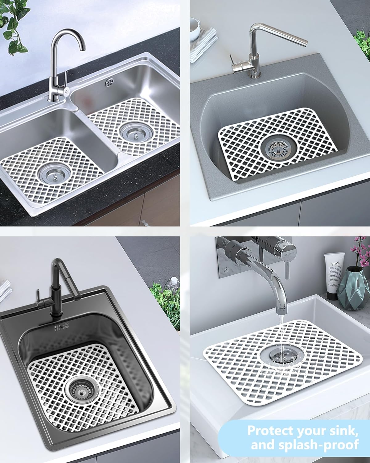 2 Pack Silicone Sink Protector for Kitchen Sink, Lozenge Pattern 13 x 11 inches Sink Grid Mat Silicone Protectors, Center Drain, White