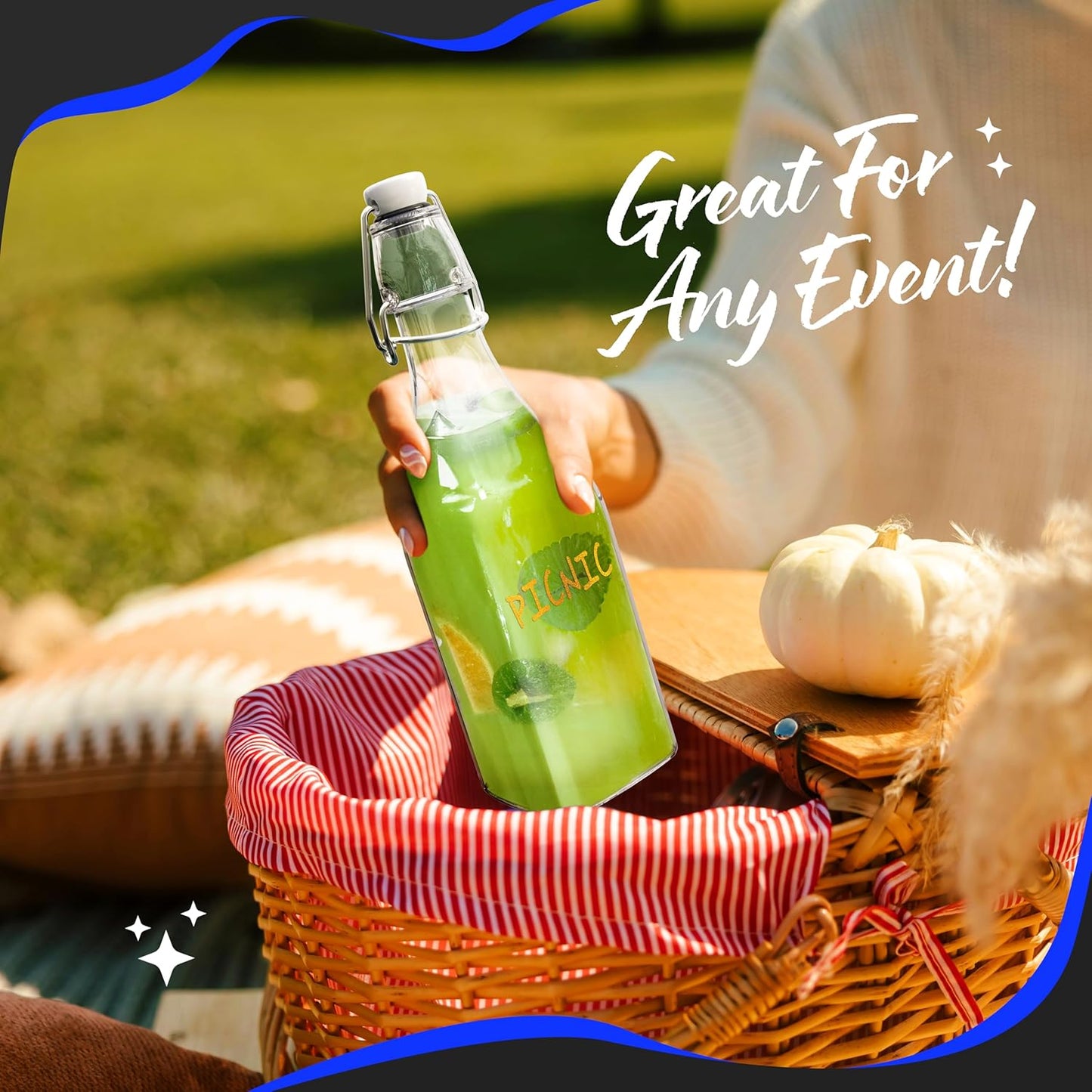 Nevlers 12 Oz Flip Top Glass Bottle 12 Pack | Square Swing Top Glass Bottles with Lids, Shrink Wrap, Paper Tags + String, Foldable Funnel, Cleaning Brush, & Gold Marker | Clear Syrup Container Set