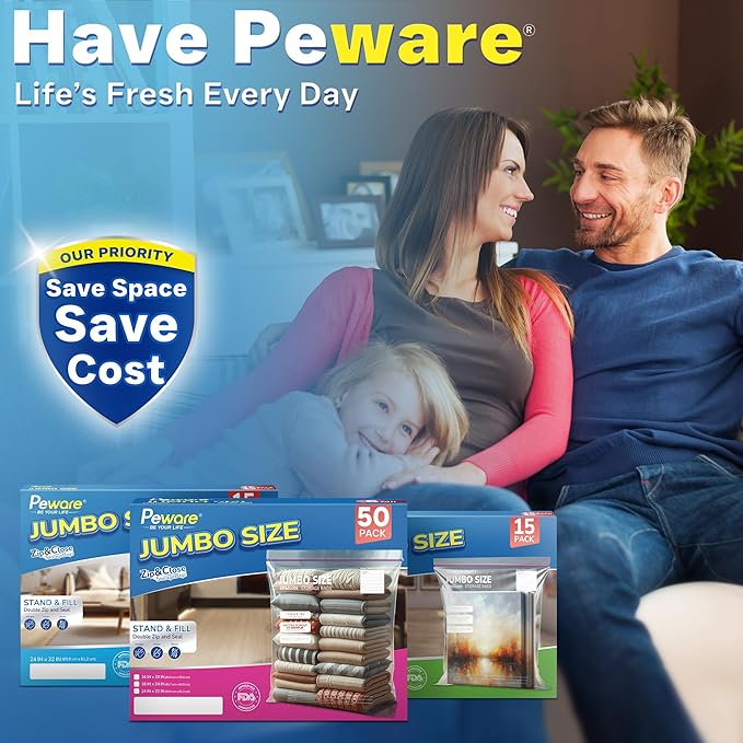 Large Storage Bags, 18"x24" Jumbo Plastic Bag, BPA Free, 5 Gallon XL Zipper Lock Baggies for Clothes Pillow Travel Moving - 100 Jumbo Bags