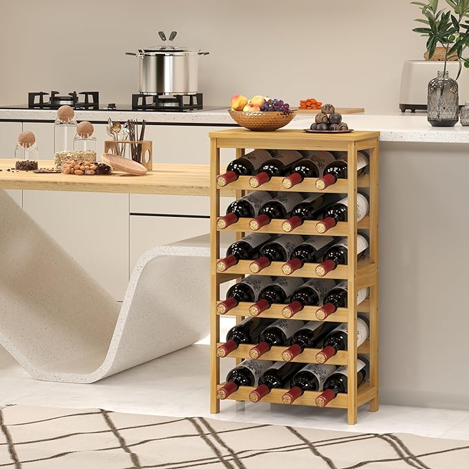 6 Tier Wine Rack Freestanding Floor, 24 Bottles Wine Storage Shelves with Table Top, Stackable Wine Display Rack for Kitchen, Bar, Dining Room, Natural Bamboo Finish