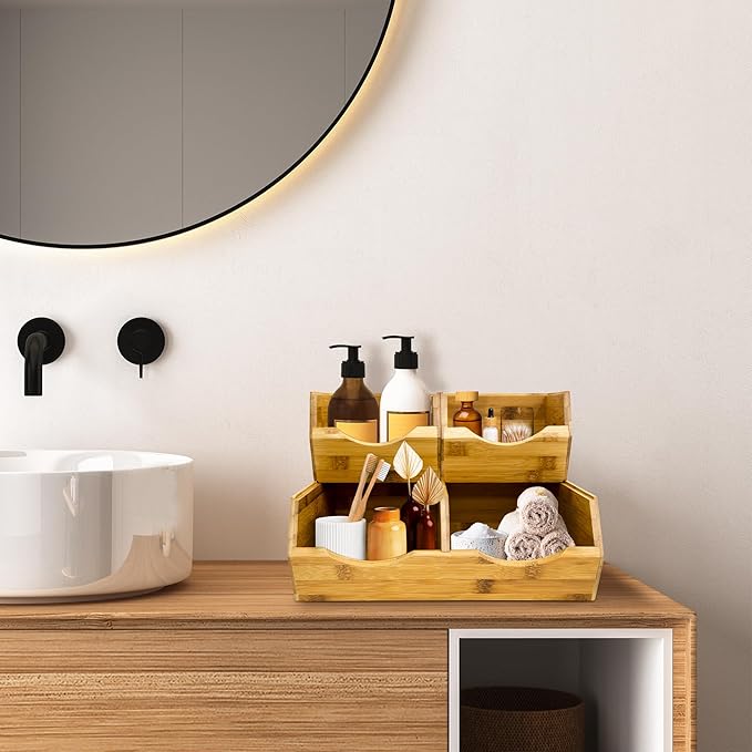 HOMESTEAD Bamboo Pantry Storage Bins - Stackable Baskets, Potato and Onion Storage for Pantry Organization, Set 3 Pieces