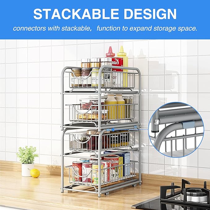 AIYAKA under sink storage 2 Tier Stackable Sliding Basket Organizer Drawer For Kitchen And Bathroom/Cabinet Drawers,silver