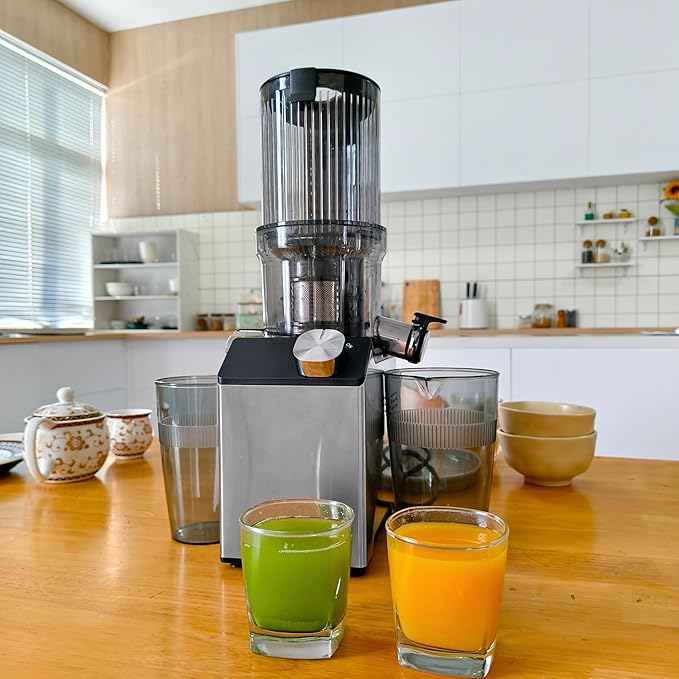 Cold Press Juicer, Juicer Machines with 4.35'' Wide Feed Chute, Stainless Steel Masticating Juicers Easy to Clean, Ergonomic Operational Panel Design, High Juice Yield, Platinum Color Knob
