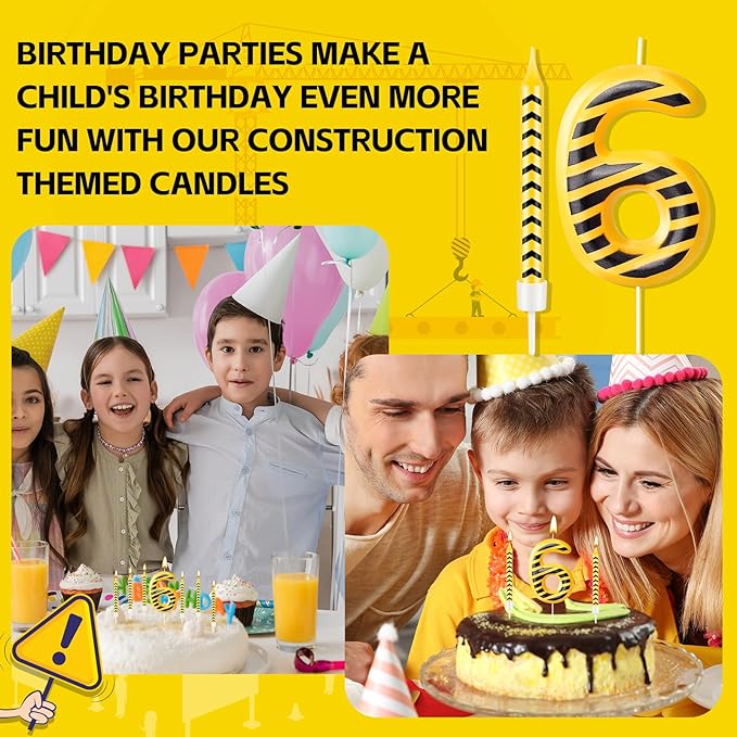 13 Pcs Construction Themed Birthday Candles Set Yellow and Black Number 6 Candle Cake Topper for Construction Party Decoration Supplies (Number 6)