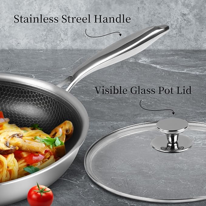 Stainless Steel Frying Pan Nonstick Frying Pan with Lid 10 Inch Honeycomb Stainless Steel Skillet Woks Pan for Gas Electric Induction Ceramic Stoves and Oven