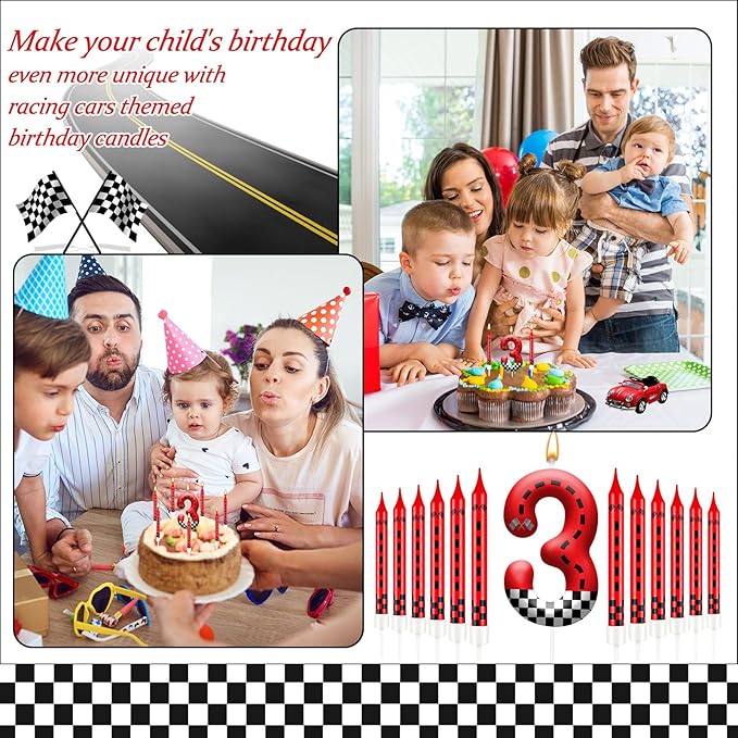 13PCS Racing Car Theme Birthday Candle Set with Checkered Flag Design - Durable Cake Topper for Race Car Party Decorations, Kids Birthday Supplies - Number 3 Candle for Racing-Themed Celebrations