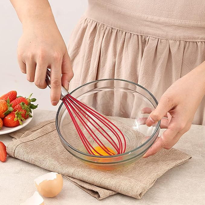 NileHome Whisk Commercial Stainless Steel wisk & Silicone Non-Stick Coated Small Whisk Set 8" 10" 12" Kitchen Wisk Wire Whisks for Cooking 3 Pack, Red