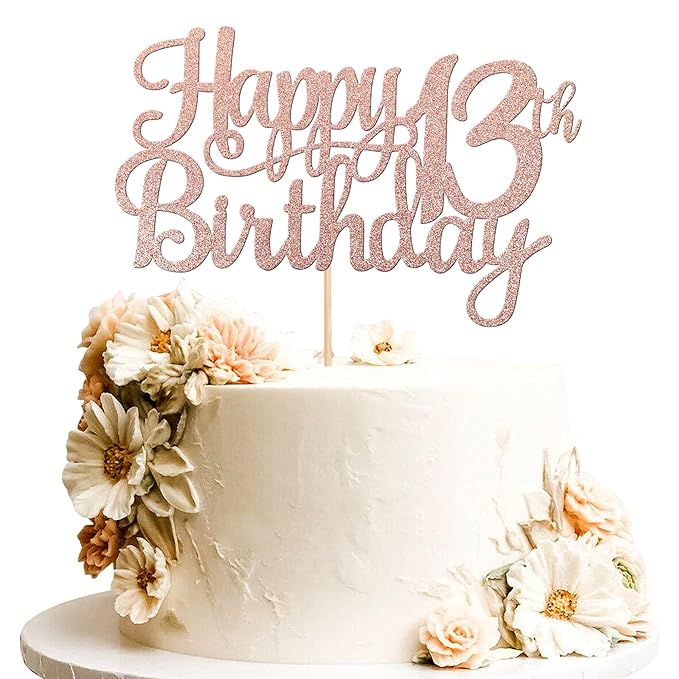 1 PCS Happy 13th Birthday Cake Topper Glitter Cheers to 13 Years Birthday Cake Pick Official Teenager 13 Fabulous Cake Decoration for Happy 13th Birthday Theme Party Decorations Supplies Rose Gold