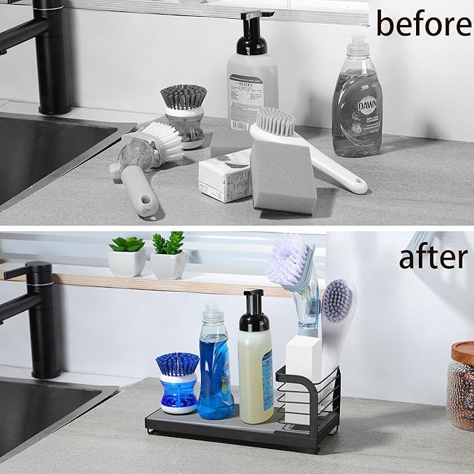 Wipe-Free Sink Organizer with Drying Stone, Instant Dry Sink Caddy Organizers, Kitchen Sponge Soap Holder Dispenser, Countertop Fast Drying Counter Tray Rack
