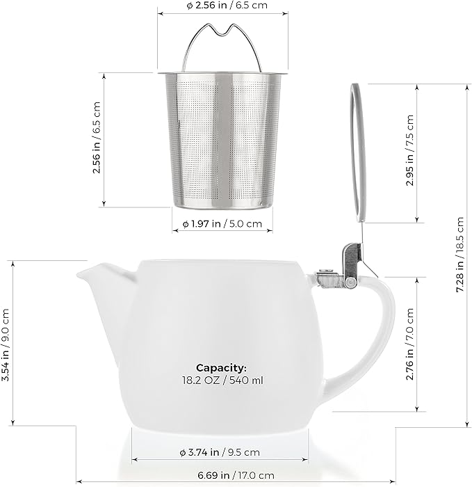 Tealyra - Pluto Porcelain Small Teapot White - 18.2-ounce (1-2 cups) - Matte Finish - Stainless Steel Lid and Extra-Fine Infuser To Brew Loose Leaf Tea - 540ml
