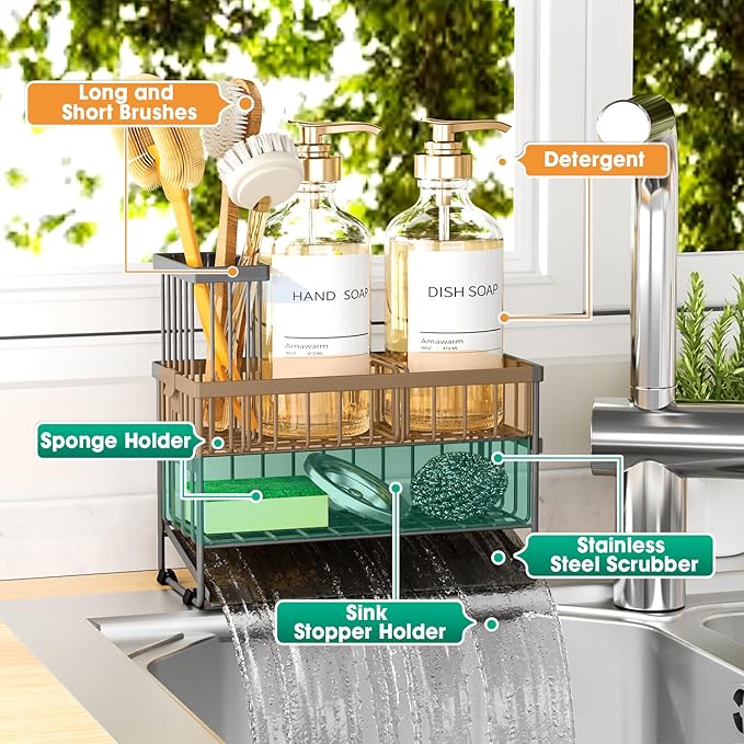 Sponge Holder for Kitchen Sink, 2 Tier Sink Caddy Organizer with High Brush Holder, Self-Draining Sponge Holder for Sinks, Soap Dispenser Organizer, Rustproof 304 Stainless Steel, Gray