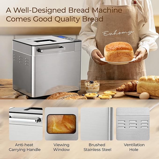 EUHOMY Bread Maker Machine 13-in-1 Bread Machine, Dough Maker, Auto Nut Dispenser & Ceramic Pan, 2LB and 3 Loaf Sizes & 3 Crust Colors, 650W Bread Machine with Keep Warm Set, Whole Wheat