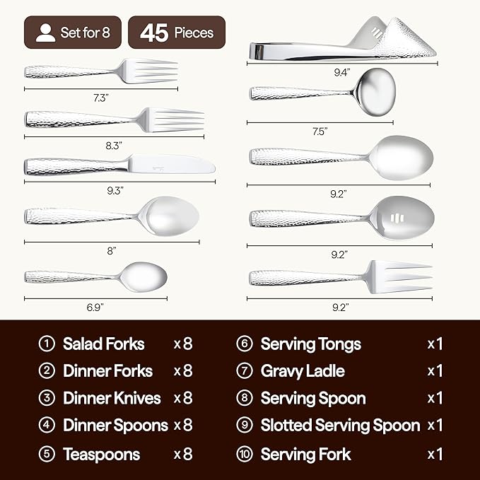 Luciella Ponza Flatware Set for 8, 45-Piece Stainless Steel Silverware Set with Serving Utensils, Timeless Hammered Design, Rust-Resistant, Mirror Polished & Dishwasher Safe