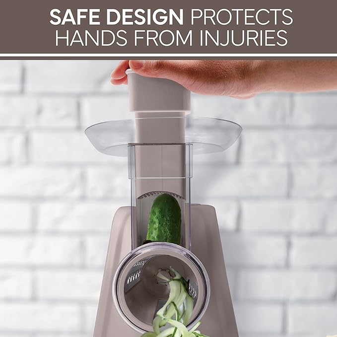 COOK WITH COLOR 5-in-1 Electric Slicer, 150W Food Prep Machine – Parmesan Shredder, Fine & Coarse Graters, Potato Grater, Vegetable Slicer, Compact Design for Bowl Prep, Warm Grey