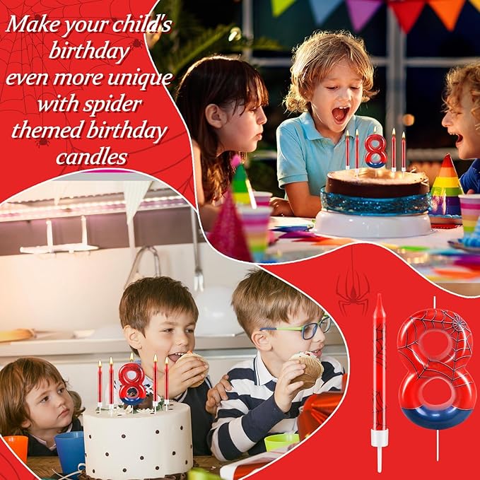 13 Pcs Spider Themed Birthday Candle Set Red Spider Theme Number 8 Candle Cake Topper for Boys Girls Birthday Decoration Spider Party Decoration Supplies (Number 8)