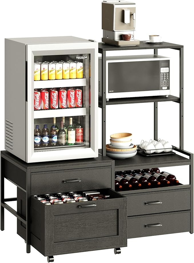 Mini Fridge Stand with Wine Rack, Kitchen Bakers Rack with Power Outlet, Microwave Oven Stand, Coffee Bar, Movable Drawers, for Dorm,Office, Black HB04BXB