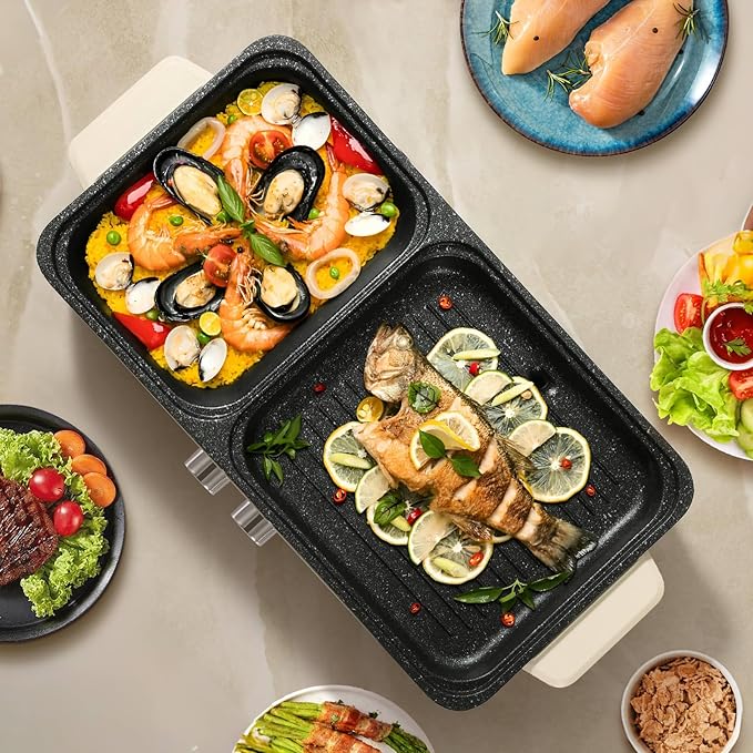 Food Party Hot Pot Electric Grill 2 in 1 Korean BBQ Grill Indoor Smokeless Hotpot Pot Electric Cooker Sahabu Shabu Pot Non Stick (Large)