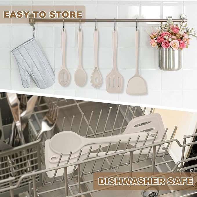 TeamFar Silicone Cooking Utensils, Kitchen Utensils Set of 5, Nonstick Cookware Tools Turners Spoons Pasta Server for Home, Healthy & Heat-Resistant, Seamless & Non-Scratch, Dishwasher Safe, Khaki