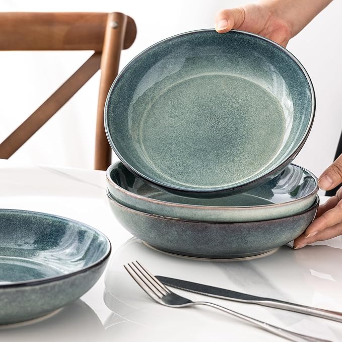 AmorArc 8.5'' Large Ceramic Pasta Bowls Set, 36oz Stoneware Bowls Set of 6 for Kitchen, Reavtive Glaze Bowls-Microwave,Dishwasher Safe for Pasta,Salad,Oatmeal-Ceylon Blue