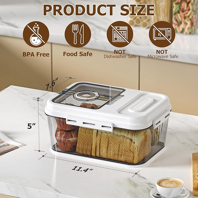 Bread Box For Kitchen Countertop, Airtight Bread Storage Container, Time Recording Bread Keeper with Lid,Bread Storage For Homemade Breads, Toast, And Cookies, White Bread Holder.