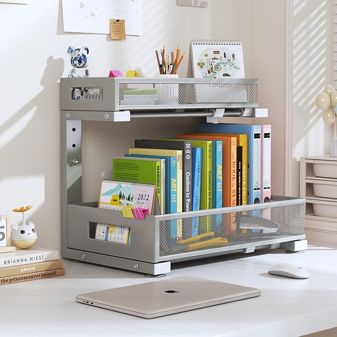 1 Pack-11.4"-16.14" H Under Sink Storage Organizer, Large 2-Tier Elegant Mesh Pull Out Shelf for Kitchen & Bathroom Cabinet Organization, L-Shaped, Adjustable Height-Gun Gray