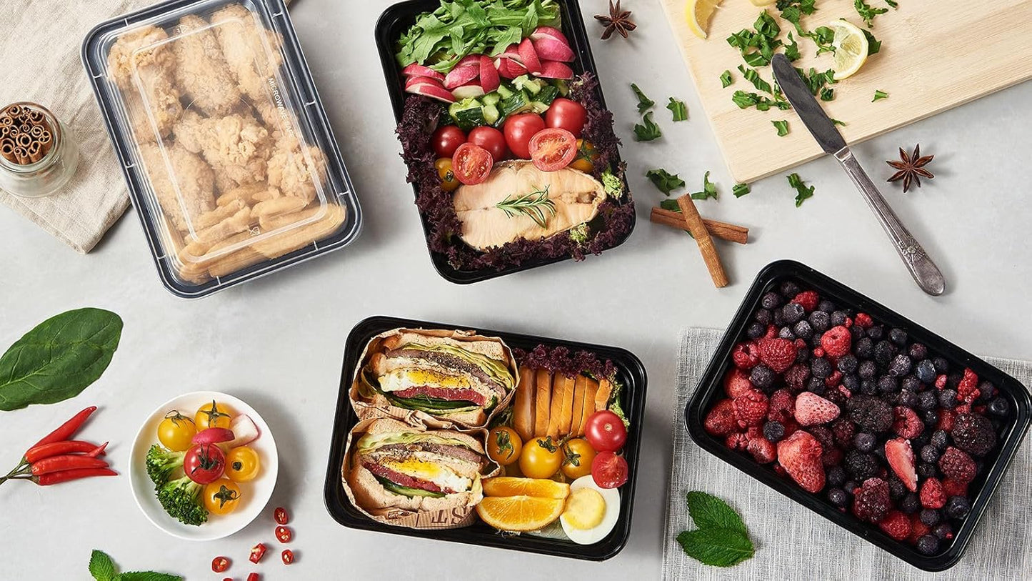 50 Pack Meal Prep Plastic Food Storage Containers With Lids 28 oz 1 Compartment Black Rectangular To Go Lunch Prepping Boxes BPA-Free Microwavable Freezer Safe Stackable (Formerly FULING)