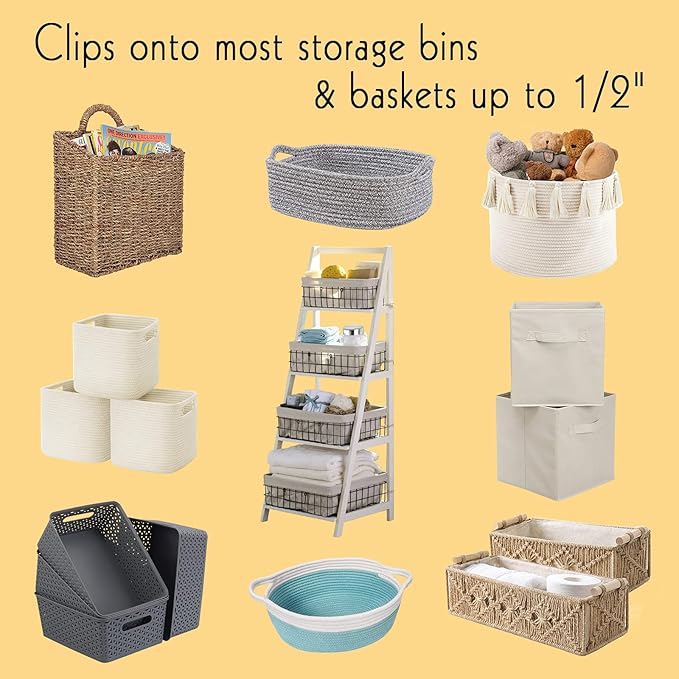 Basket Labels Clip on | Label Holders for Basket or Storage Bins Includes White Chalk Markers (8 Cream Holders + 2 Black Chalk Makers)