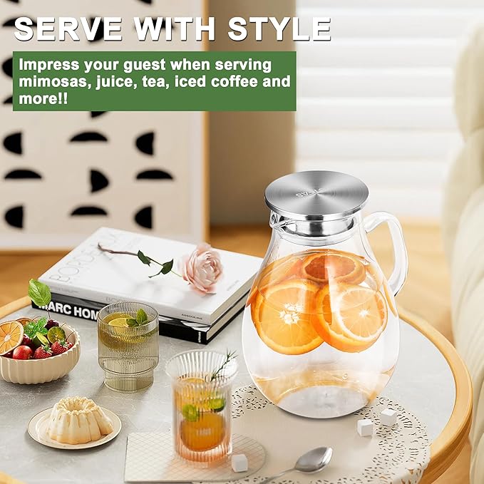 SUSTEAS 2.2 Liter 75oz Glass Pitcher, Water Pitcher with Lid And Wide Handle, Easy Clean Juice Jug for Fridge, Beverage Carafe for Cold/Hot Water, Iced Tea, 1 Long-Handled Brush Included