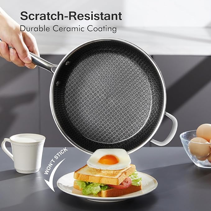 Saute Pan,Stainless Steel Frying Pan, 5.5 QT 12 inch Tri-play Non-stick Deep Frying Pan with Tempered Glass Lid, Stainless Steel Cookware,Stay-Cool Handles Induction,Dishwasher