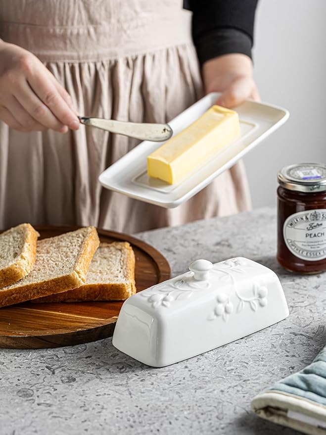 Butter Dish with Lid for Countertop, Ceramic Butter Dish with Knob Handle, Large Butter Holder Container for East West Coast Butter Storage, Cherry