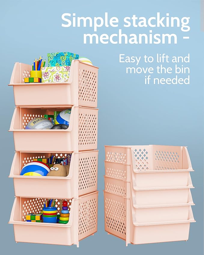 Skywin TidyFriend Stackable Storage Bins for Pantry, 4 Pack Stackable Bins For Organizing Food, Kitchen, and Bathroom Essentials (Cream)