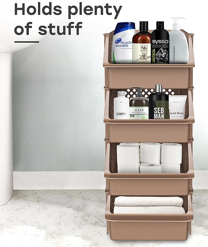 TidyFriend Stackable Storage Bins for Pantry - 4 Pack Medium Stackable Bins For Organizing Food, Kitchen, and Bathroom Essentials (Brown)