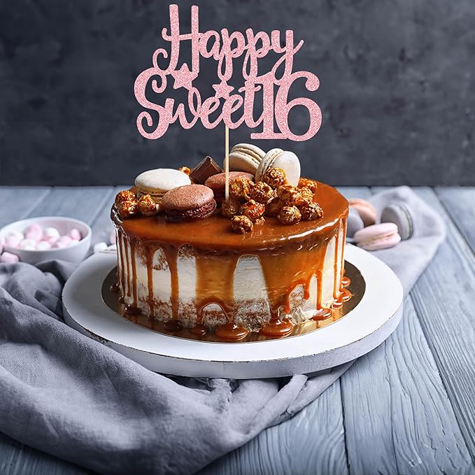 Gyufise 1Pc Pink Glitter Happy Sweet 16 Cake Topper 16th Birthday Cake Topper Sweet 16 Decorations 16th Birthday Decorations