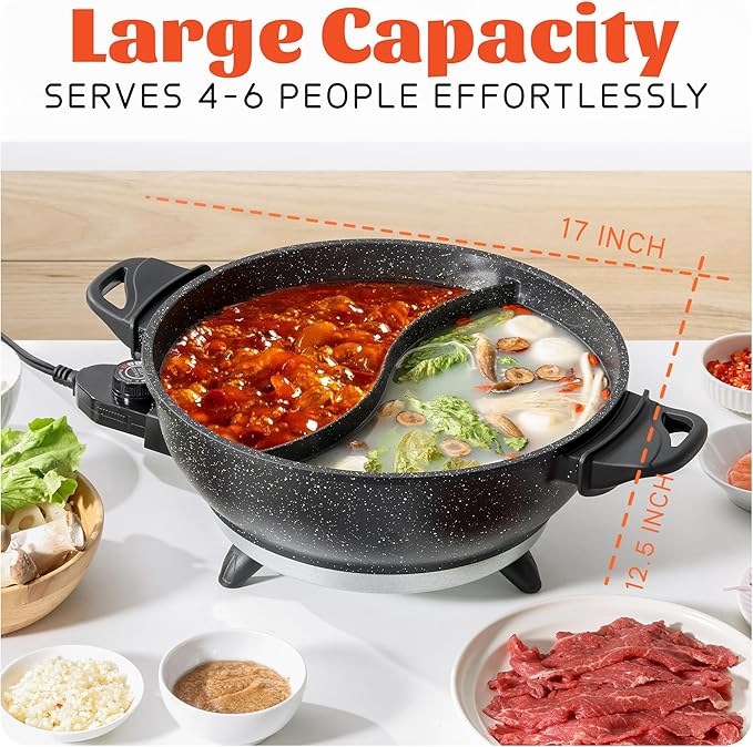 4L Electric Hot Pot with Divider - Dual-Flavor Shabu Shabu Pot with Slow Cooker Function, 1500W, Ideal for Family Meals & Social Gatherings, Black
