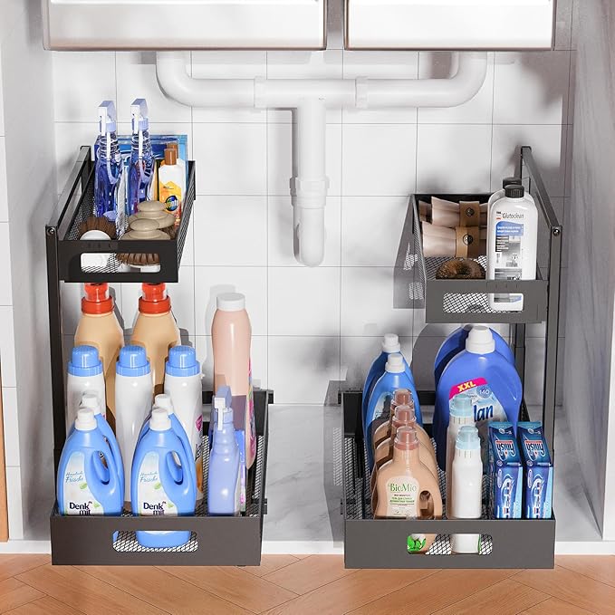 2-Tier Under Sink Organizer, Silk-Smooth Metal Sliding Drawer Organizers and Storage Rack, Pull Out Cabinet Shelf for Kitchen, Bathroom, Pantry, Cabinet, Closet
