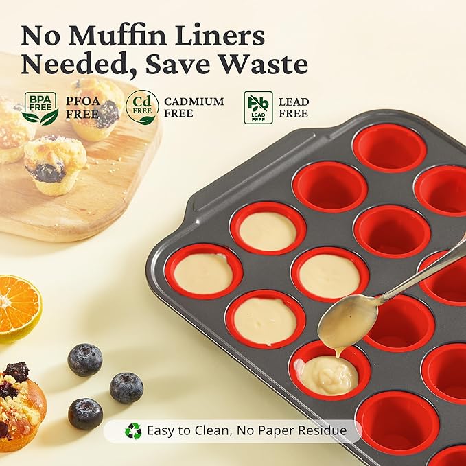 BRONYPRO Silicone Mini Muffin Pan with Metal Frame, Egg Bite Molds for Baking for Baking, Cupcake Pans 24 Regular Size, Muffin Tins Easy to Pop Nonstick Non Toxic Bakeware for Oven,Red