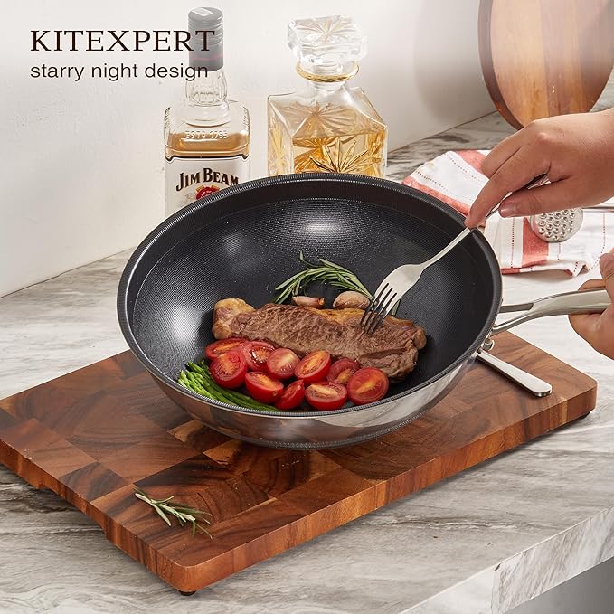 KITEXPERT Non Stick Wok Pan with Lid,12" Titanium Ceramic Pan Nonstick Stainless Steel Stir-fry Pans, PFAS PFOA & PTFE Free, Quick-Cool Handle, Dishwasher & Oven Safe, Compatible with All Cooktops