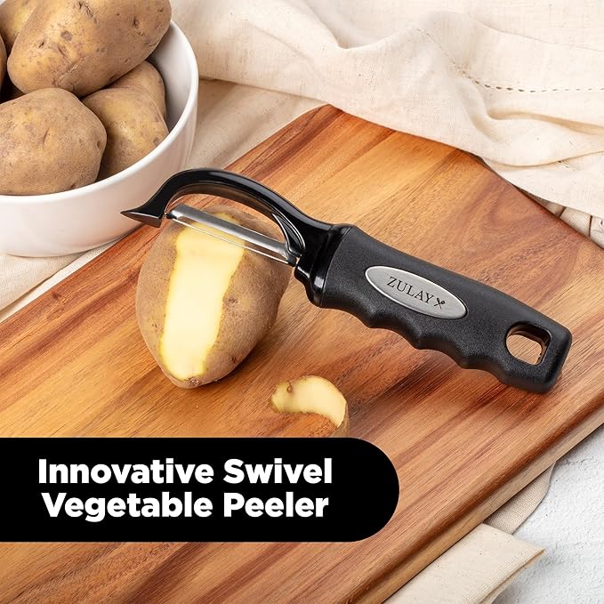 Zulay Kitchen Premium Vegetable Peeler for Kitchen - Swivel Peeler with Razor Sharp Stainless Steel Blades & Strong Ergonomic Handle - Dishwasher Safe, Easy To Use with Blemish Remover - Black