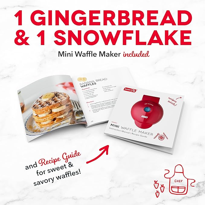 Dash Mini Waffle Maker (2 Pack) for Individual Waffles Hash Browns, Keto Chaffles with Easy to Clean, Non-Stick Surfaces, 4 Inch, Holiday (Snowflake + Gingerbread), Red and Metallic Blue