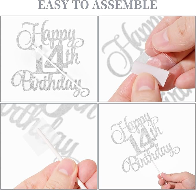 14th Birthday Cake Decorations, 14th Birthday Candles Cake Numeral Candles and Glitter Happy 14th Birthday Cake Toppers Set for Birthday Party Supplies (Silver)
