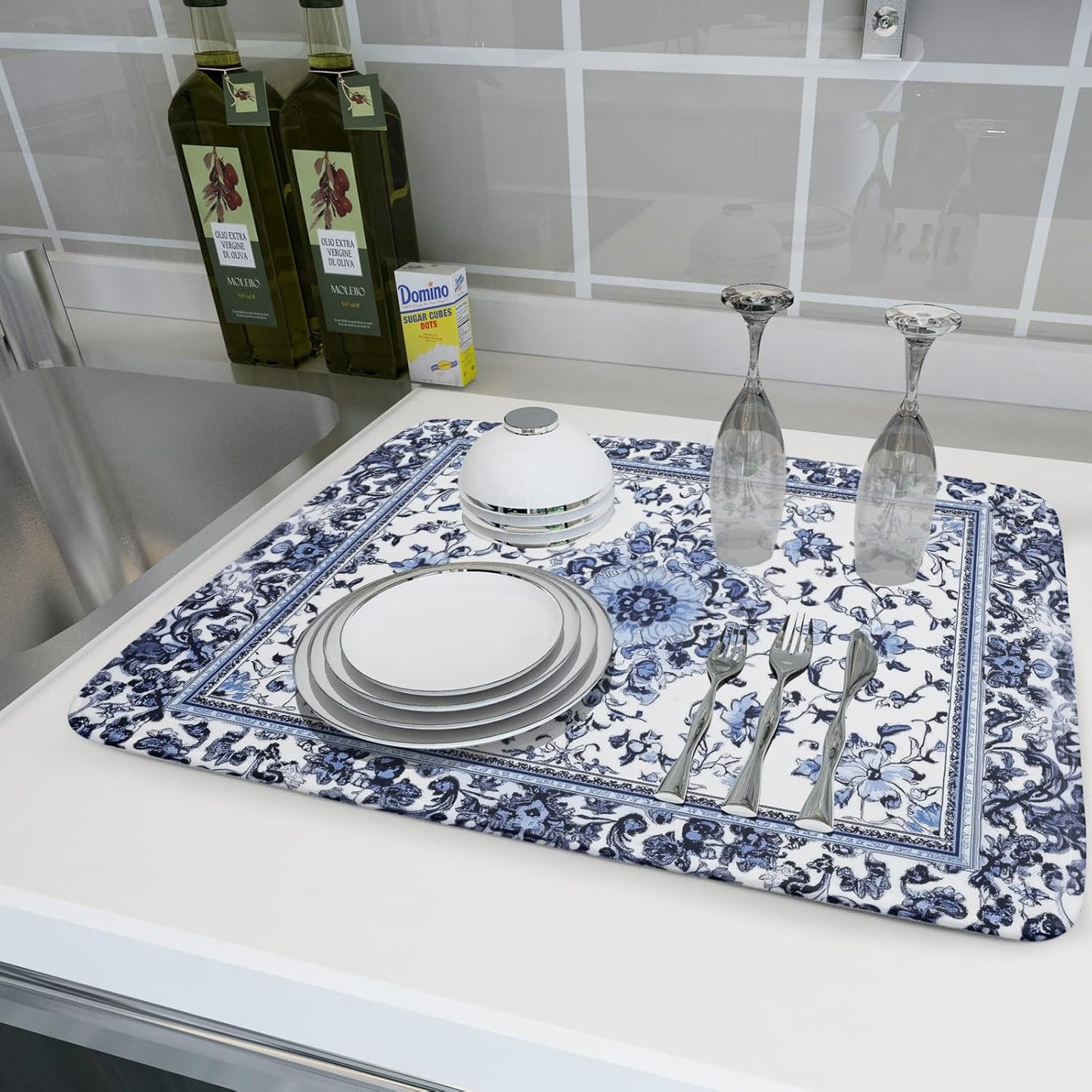 Boho Floral Dish Drying Mat 18x24 Inch Blue Leaves Kitchen Drying Pad Reversible Absorbent Dish Drainer Rack Mats Counter Tableware Decor