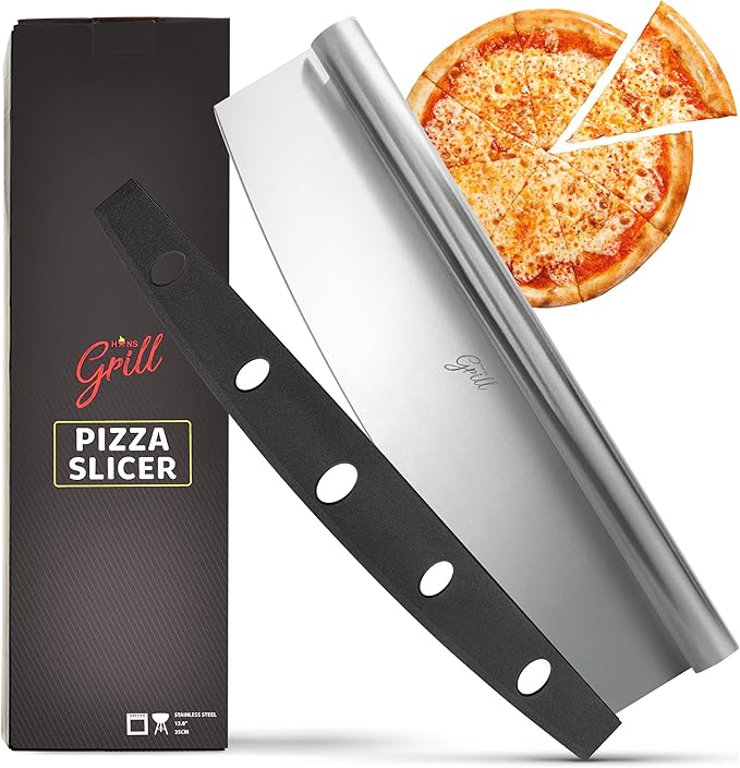 Pizza Cutter Rocker Blade By Hans Grill 14" Large Pizza Slicer Sharp | Stainless Steel Rocking Pizza Knife Cutter | Professional Nonstick Pizza Cutter Rocker Knife With Safety Cover | Dishwasher Safe